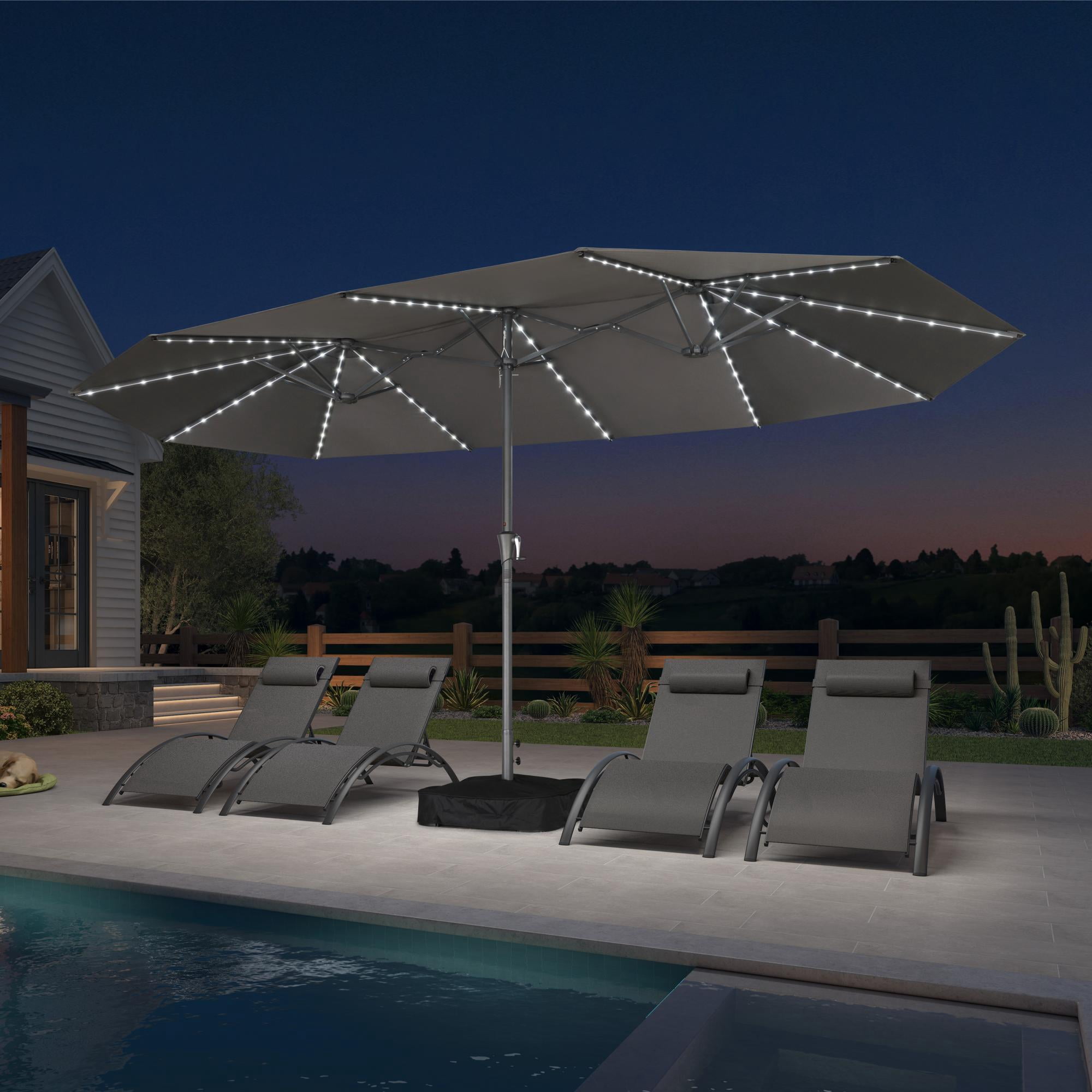 PURPLE LEAF 15ft Double-Side Patio Umbrella with Base and Solar Lights Outdoor Market Table Umbrella with Crank Handle Rectangle Umbrella for Backyard Garden Pool Deck, Grey