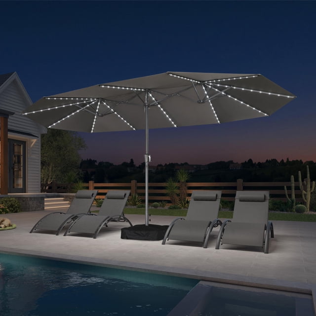 PURPLE LEAF 15ft Double-Side Patio Umbrella with Base and Solar Lights Outdoor Market Table Umbrella with Crank Handle Rectangle Umbrella for Backyard Garden Pool Deck, Grey
