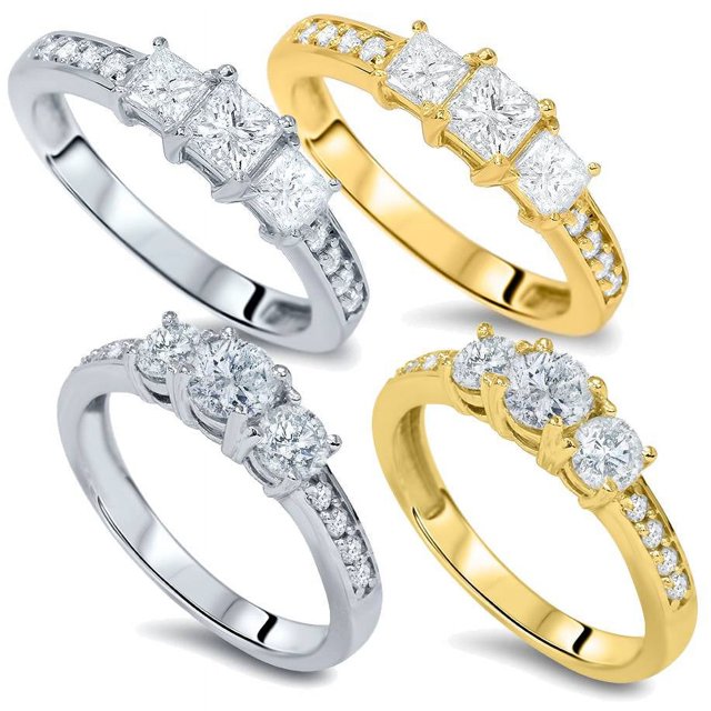 1Ct 3 Stone Ring Princess And Round Cut 14K White Gold