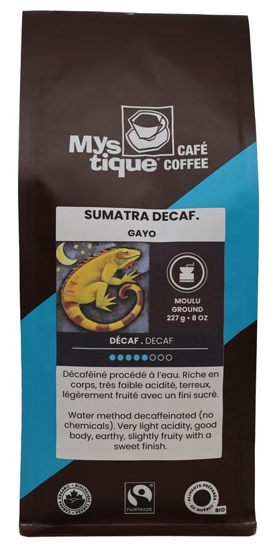 Mystique Coffee, Sumatra Gayo Decaf, water methode Decaffeinated, Dark roast,  Filter Ground, 100% arabica, Specialty Grade coffee, Fairtrade & Organic, 227 g