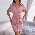 thumbnail image 2 of Robes Chemises Mini pour Femmes à Boutons, Col à Revers, Ceinturées, Coupe Ajustée, Robe à Manches Courtes, Unie, Froncée, Courte, Robe d'Été, 2 of 7