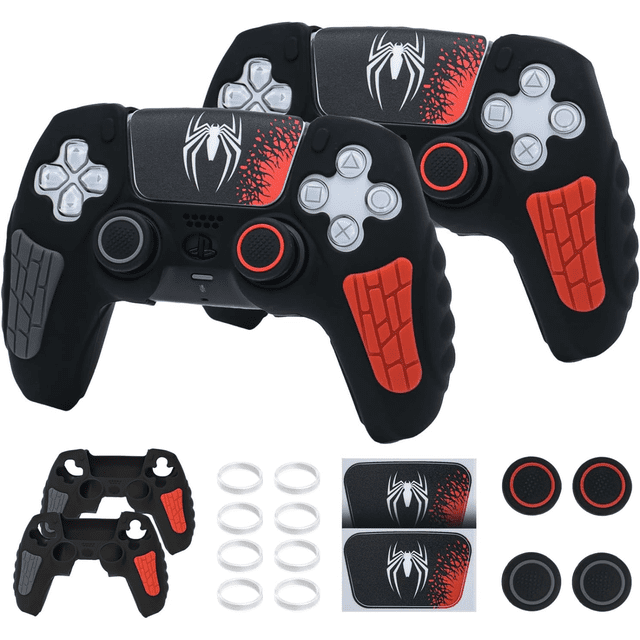 AARONMEI PS5 Controller Silicone Cover Skin Black Spider Man Theme With Joystick Caps