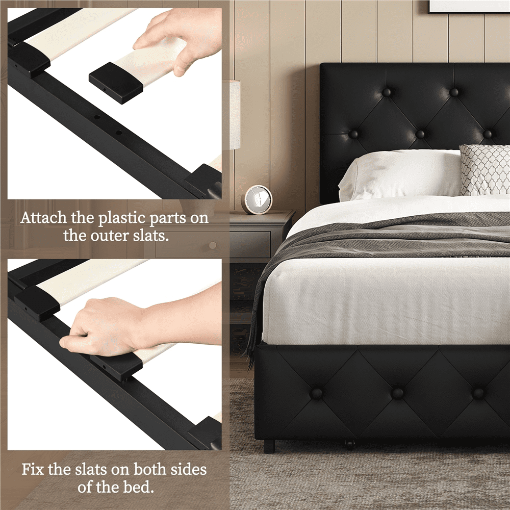 FullFurnique Upholstered Platform Bed Frame with Adjustable Headboard and 3 Drawers Storage, Full, Black