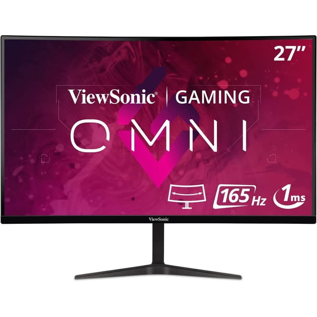 Viewsonic 27 Inch WQHD 1440p 165Hz 1ms Curved Gaming Monitor with Adaptive-Sync Eye Care HDMI and Display Port, front-facing with slim bezels and black T-shaped stand, showing a purple-pink gaming background with the ViewSonic Gaming Omni logo and icons for 165Hz refresh rate and 1ms response time, ideal for immersive gaming and multimedia applications.