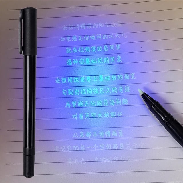 1pcs Invisible Fluorescent Pen UV Light Markers Pen with dual tips, featuring a 0.5mm and 1.0mm writing point. The pen uses hidden ink visible only under UV light, ideal for spy games or promotional use. Includes a free UV light. The image shows the pen writing on lined paper, with glowing text revealed under UV light.