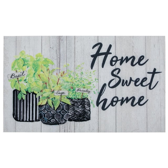 Printed Rubber Floor Mat Home Sweet Home showing a multicolored print of three black pots with basil, sage, and parsley plants labeled, on a light wood plank background with 'Home Sweet home' in black script, measuring 18 by 30 inches, ideal for kitchen or entryway use.