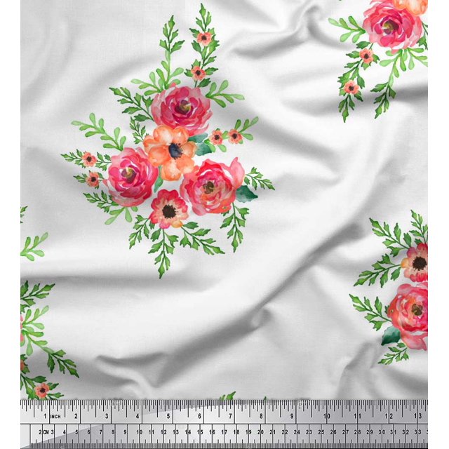 Soimoi White polyester Crepe Fabric Flower Floral Fabric Prints By Yard 52 Inch Wide