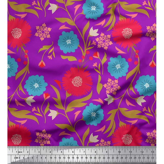 Soimoi Tissu Crêpe polyester Feuilles & Floral Imprimé Artistique Tissu au Mètre 52 Pouces de Large
