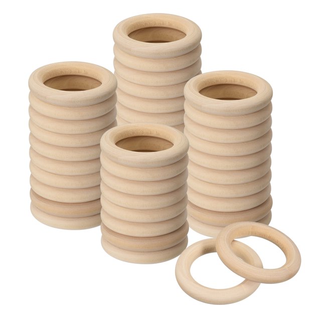Unique Bargains 50Pack 40mm(1.6') Natural Wood Rings, featuring smooth, unfinished wooden circles with a 7mm thickness. These natural wood rings have an outer diameter of 40mm (1.57 inches) and an inner diameter of 26mm (1.02 inches). Ideal for arts and crafts projects, they can be painted, stained, or embellished for creating home decor, Christmas ornaments, curtain rings, napkin rings, jewelry, and macrame plant hangers. The package includes 50 wooden rings.