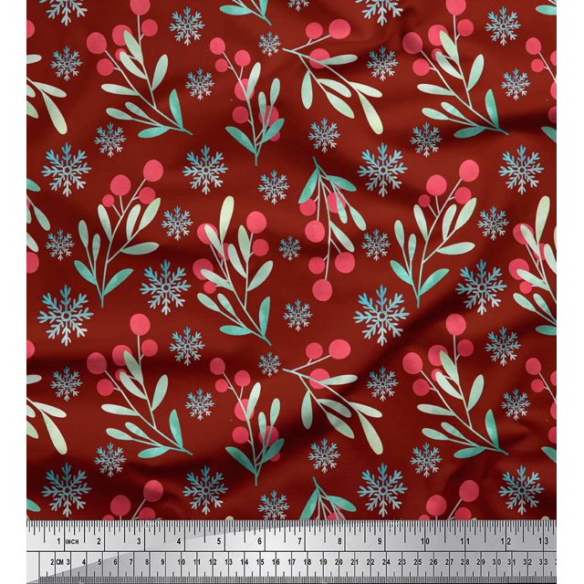 Soimoi Red Cotton Duck Fabric Snowflake & Red Berries Fruits Decor Fabric Printed Yard 42 Inch Wide