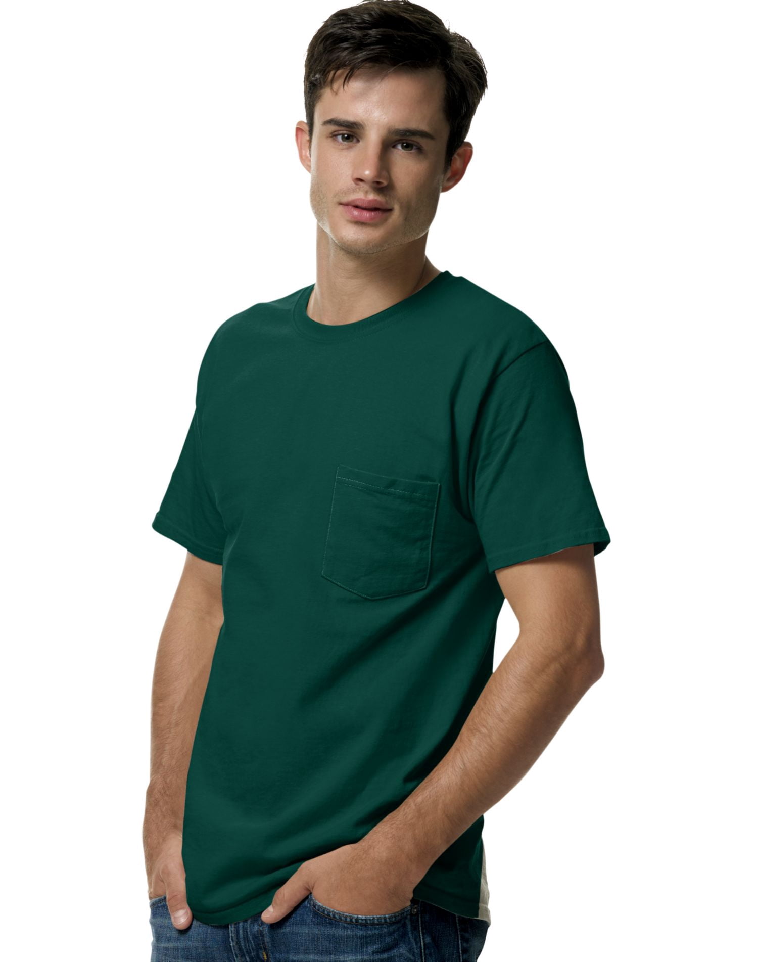Hanes TAGLESS Men`s Pocket T-Shirt, S, Deep Forest