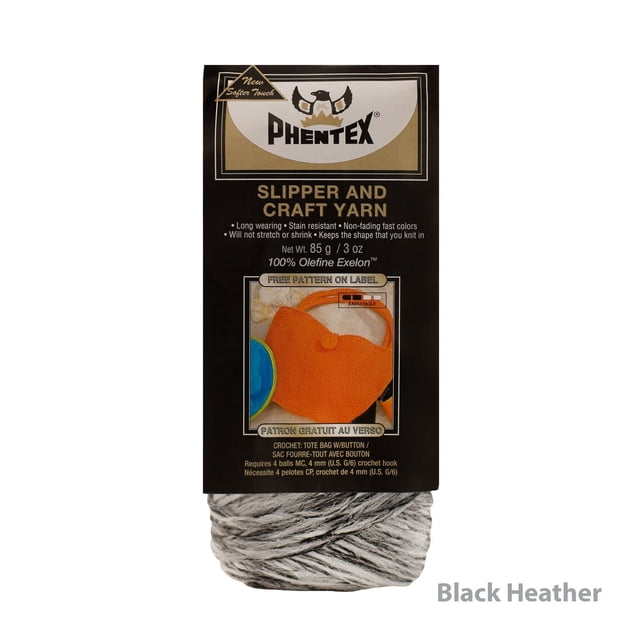 Phentex® Slipper and Craft Yarn in Black Heather, 3oz (85g) ball of 100% olefin medium worsted #4 yarn, machine washable and stain resistant, ideal for knit or crochet slippers, home décor, and craft projects.