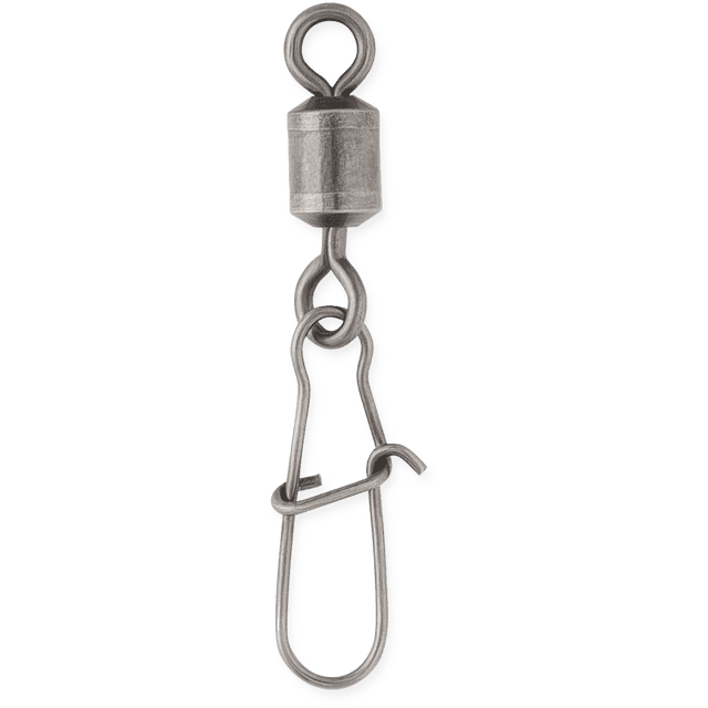 VMC Duolock Snap Swivel with stainless steel snap and brass swivel in black nickel finish, designed to eliminate line twist in fishing tackle, shown in a close-up front view on white background, also suitable for securing small outdoor gear.