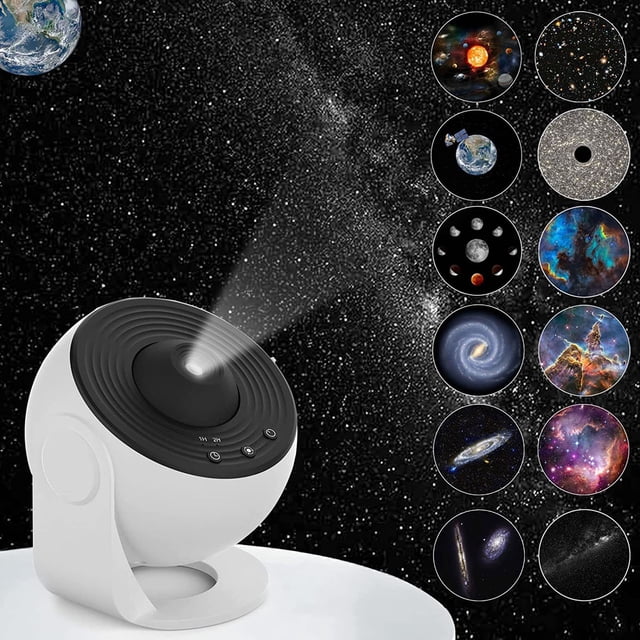 TopLLC 12 In 1 Planetarium Galaxy Projector with a sleek white and black design, featuring a 360° rotating nebula projection lamp and adjustable focus. Includes 12 film trays showcasing celestial scenes such as the Milky Way, Solar System, and Mystic Mountain. Equipped with a timed off feature for convenience and silent operation, making it ideal for bedroom decor, kids' night lights, and stress relief. Displayed on a white surface with starry projections and film tray previews visible.