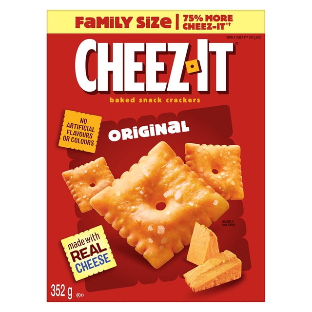 Cheez-It Baked Snack Crackers Original 352 g family size box with 75% more crackers, featuring bite-sized square wheat crackers made with real cheese and no artificial flavours or colours, shown with enlarged cracker texture and cheese pieces on a red background, suitable for snacking and party spreads.
