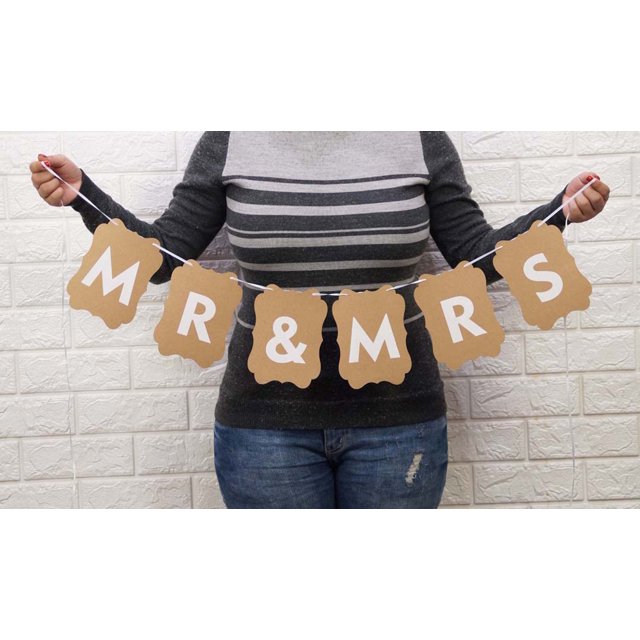 Inkdotpot Mr & Mrs?Kraft Pre Strung Bunting Photo Booth Props Sign Party Decoration DIY Wedding Banner