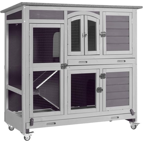 Aivituvin Clapier pour Lapin à Deux Étages, Cage pour Lapin avec Roues, Cage pour Cochon d'Inde Intérieure Extérieure avec 2 Plateaux Profonds Sans Fuite