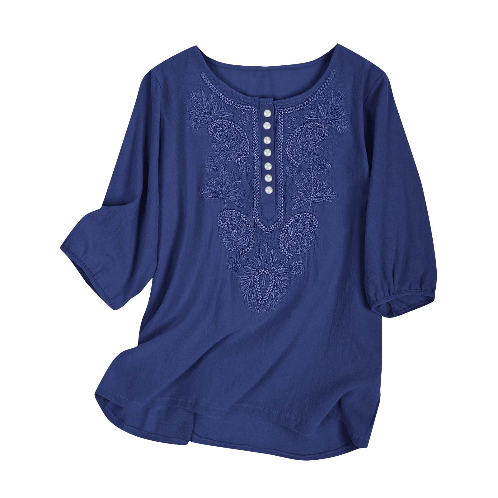Yuyuzo Hauts Boho pour Femmes Chic Décontracté Chemises à Manches 3/4 Broderie Col Rond Hauts d'Été Amples T-Shirts Blouse