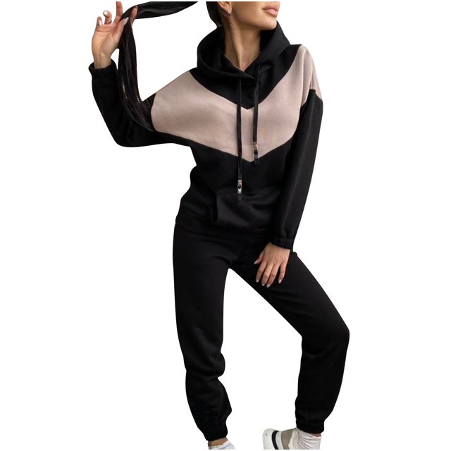 Hauts à Manches Longues Mode Dames Ensemble de Chandail en Molleton à Manches Longues Slim Sport Deux Pièces à Blocs de Couleur
