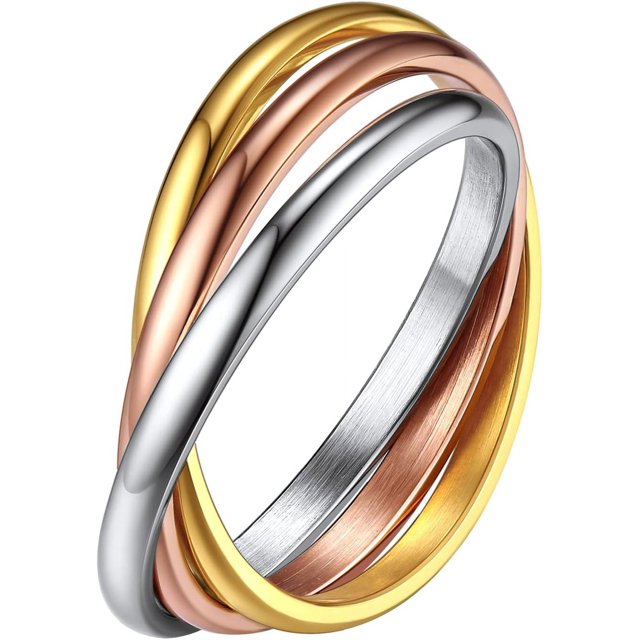 ORUYROP Women Triple Interlocked Rolling Ring, Delicate Looking, Stainless Steel/Gold Plated/Black (Send Gift Box)
