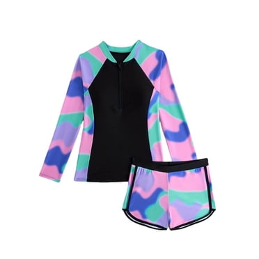 PMVFHDE Cute Tankini Swimsuits for Girl Girls Swimwear Long Sleeve Rash Guard With Shorts Sun UPF 50+ Swim Suit For Kids Pool Beach Summer Water Play Purple,13-14 Years