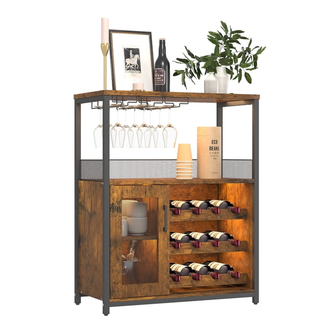 PIONEERWORKS 3-Tier Wine Bar Cabinet with Detachable Wine Rack and Storage Space, Buffet Cabinet with Glass Holder and Mesh Door, Sturdy MDF Construction for Dining Room Bar & Kitchen