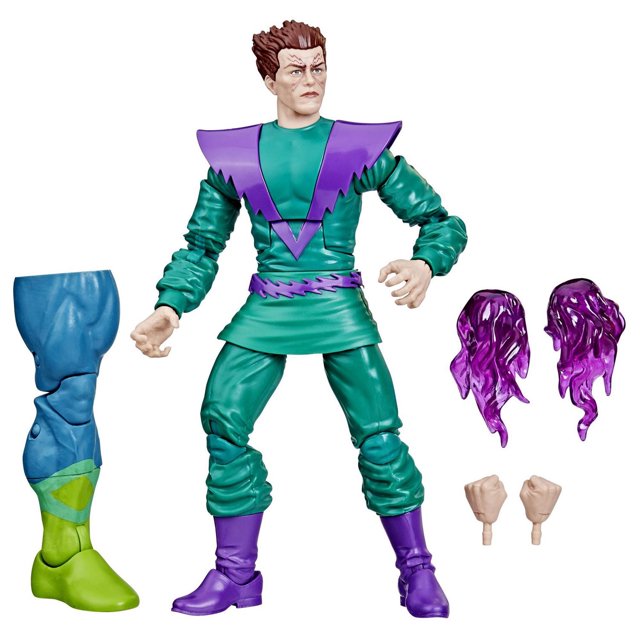 Hasbro Marvel Legends Series: Molecule Man Marvel Classic Comic Collectible 6 Inch Action Figure in green costume with purple jagged collar, belt, and boots, featuring articulated arms and legs. Includes alternate blue and green leg piece, two purple translucent power effect accessories, and two pairs of interchangeable hands for pose customization.