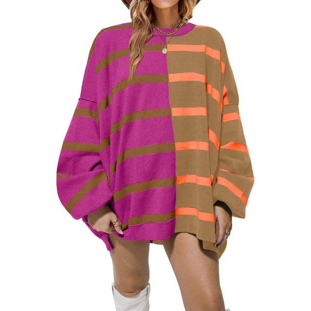 ORUYROP Chandail à Rayures pour Femmes Col Rond Manches Longues Tricoté Bloc de Couleur Décontracté Ample Léger pour Femmes, Orange, TTG