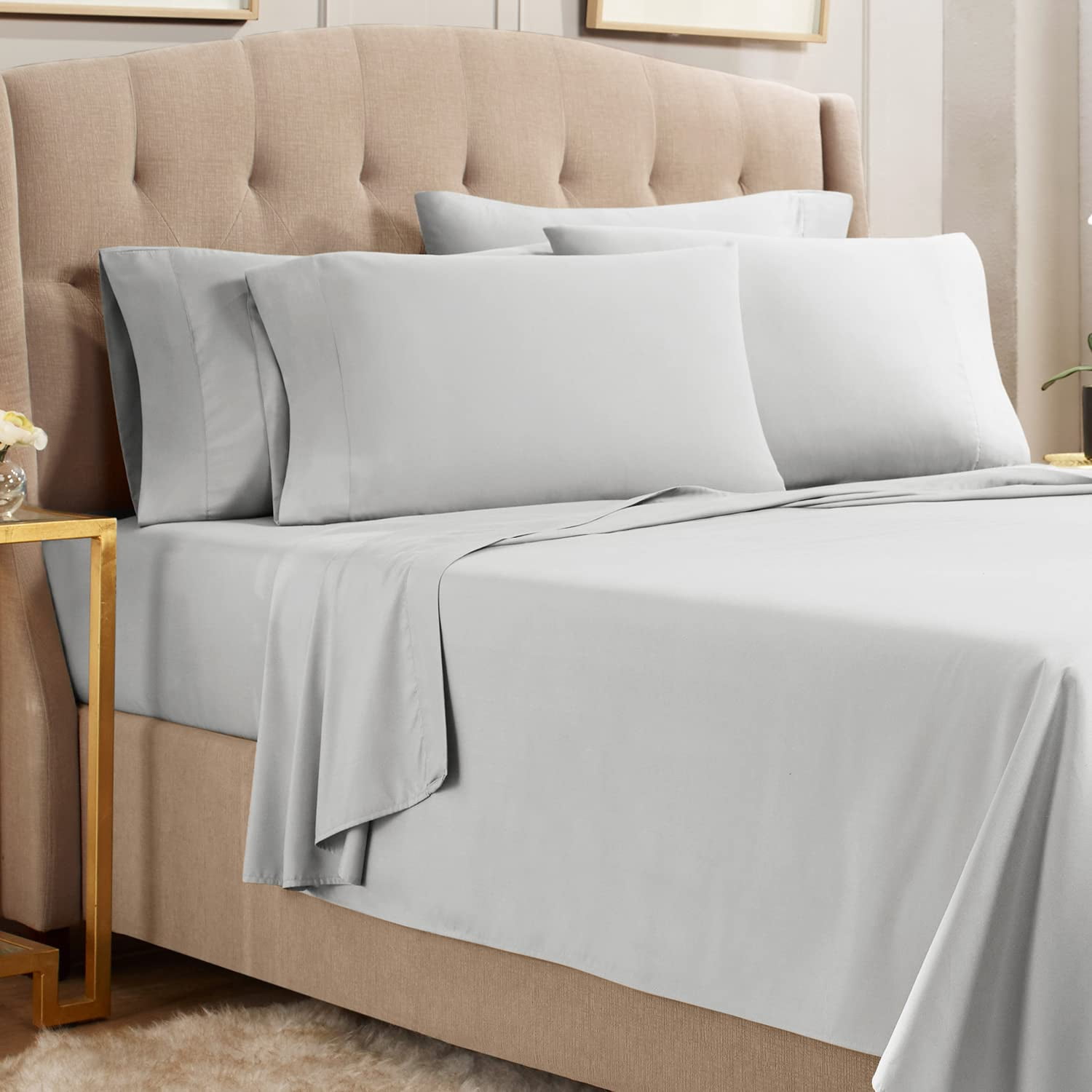 Empyrean California King Sheets Set - 110 GSM 6 Piece Bed Sheets for California King Size Bed, Double Brushed Cal King Size Sheets, Soft Bedding Sheets & Pillowcases - Silver Light Gray