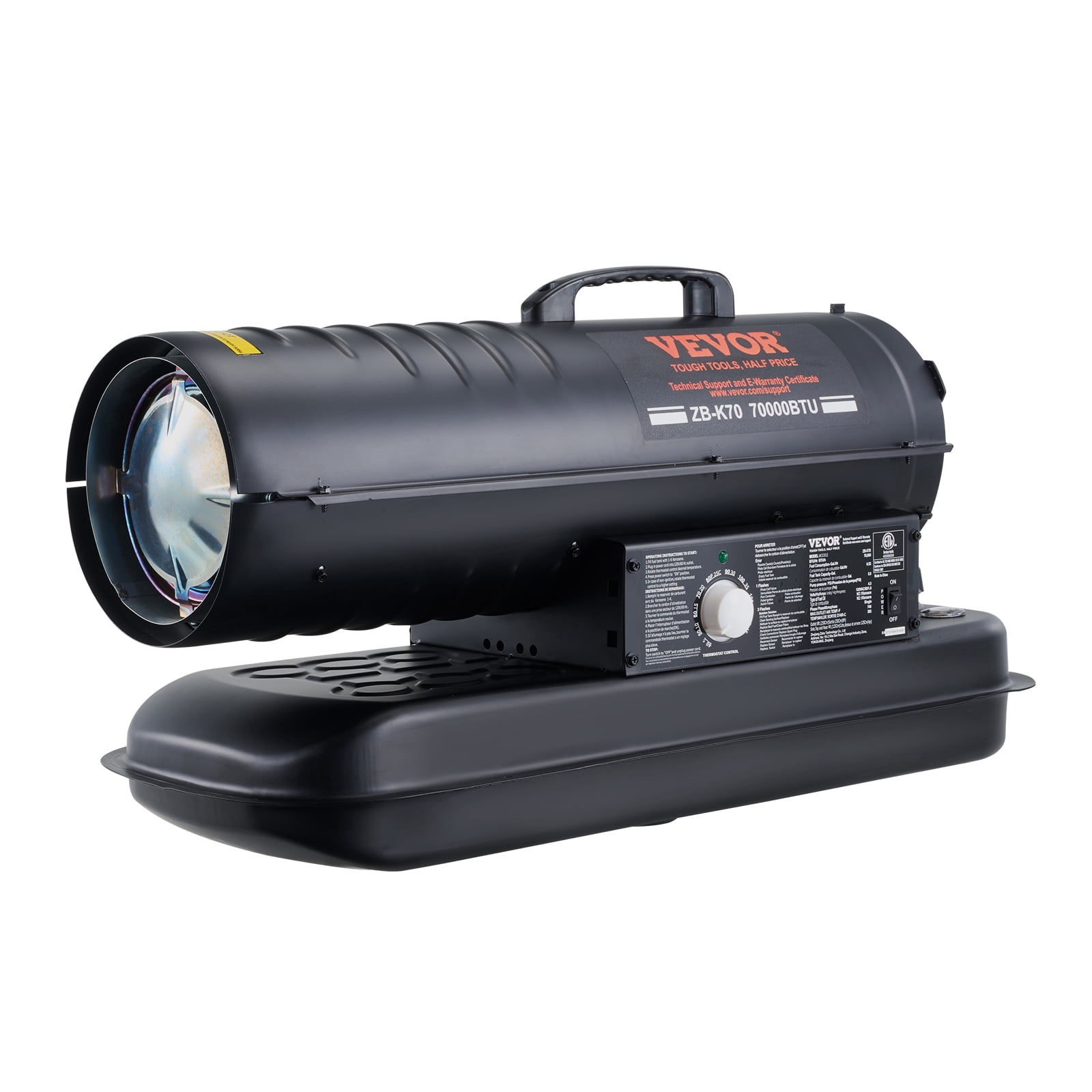 Chauffage à air forcé au kérosène VEVOR, Chauffage diesel portable torpille de 70000 BTU avec thermostat, réservoir de 5 gallons, chauffage lourd économe en énergie