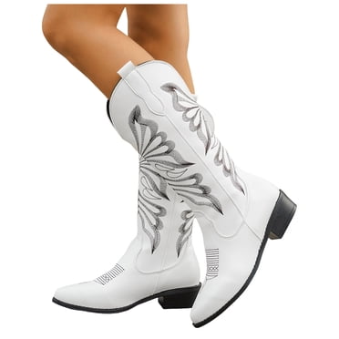 Dakaela Bottes de Cowboy pour Femmes à Enfiler Bottes de Cowgirl Hauteur Genou Talon Épais Mollet Grand Botte Western pour Dames Blanc 10.5