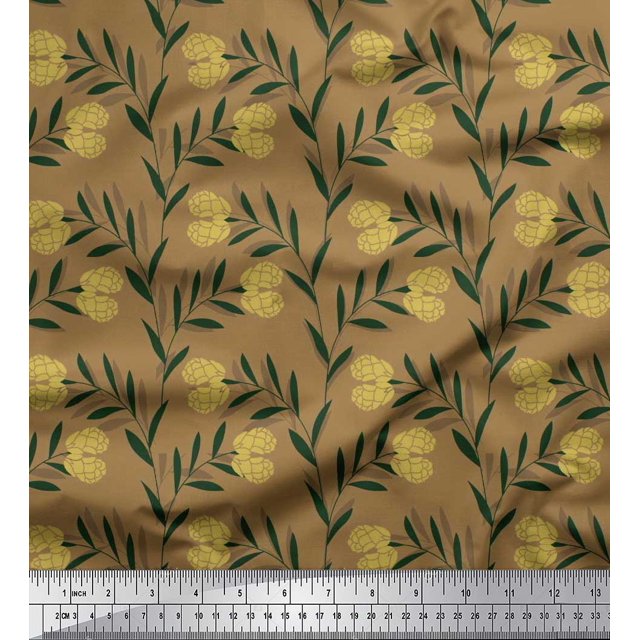 Soimoi Brown Rayon Fabric Leaves & Clover Flower Hand Drawn Decor Fabric Printed Yard 42 Inch Wide
