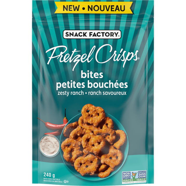 SF Pretzel Crisps Bites Zesty Ranch 240g bag showing bite-sized pretzel snacks in a blue bowl with ranch dip and red chili peppers on a teal striped background, highlighting zesty ranch flavour and non-GMO verification, often used as a snack or party appetizer.
