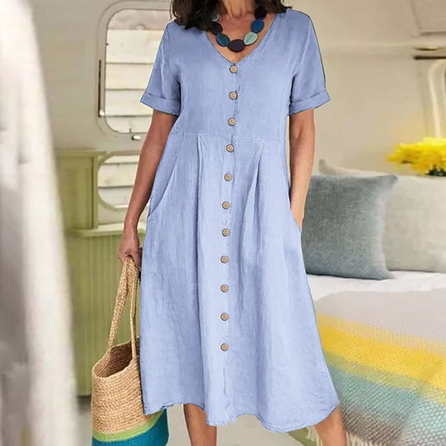 FcBaudy Robe à Manches Courtes à Col en V, Robes d'Été pour Femmes, Robes pour Femmes Mode Femmes Été Décontracté Col en V Uni Manches Courtes Bouton Poche Robe en Coton et Lin Jupe en Coton et Lin pour Femmes