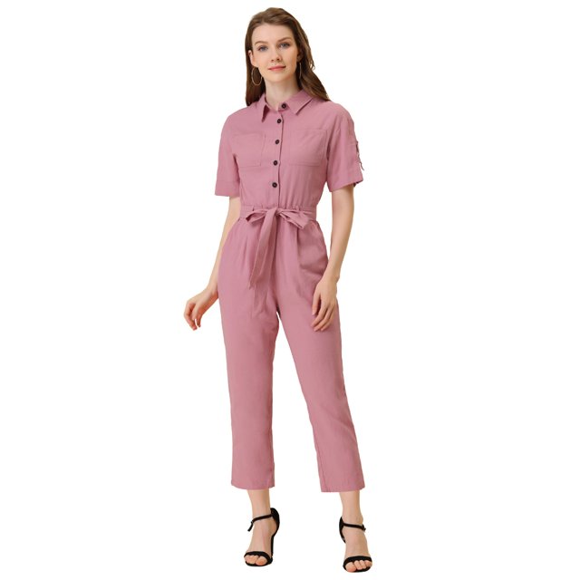 Unique Bargains Combinaison Pantalon pour Femme à Col Rabattu, Boutonnée, Taille à Nouer, Rose, TG