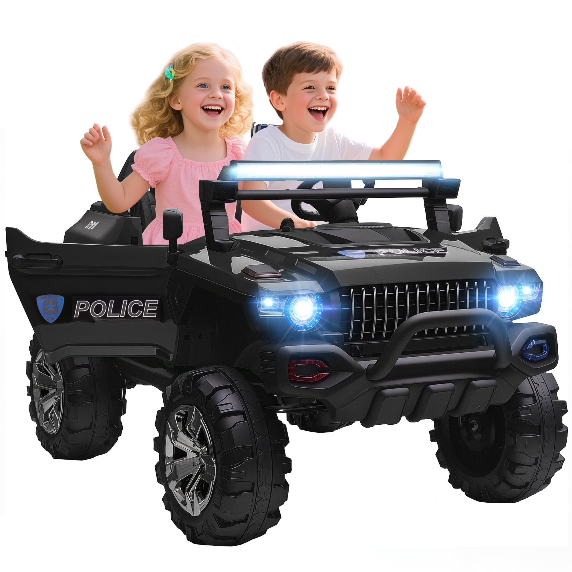 Aosom 2-Seater Kids Ride-On Car 12V RC 2-Seater Police Truck Electric Car For Kids with Full LED Lights, MP3, Parental Remote Control (Black)
