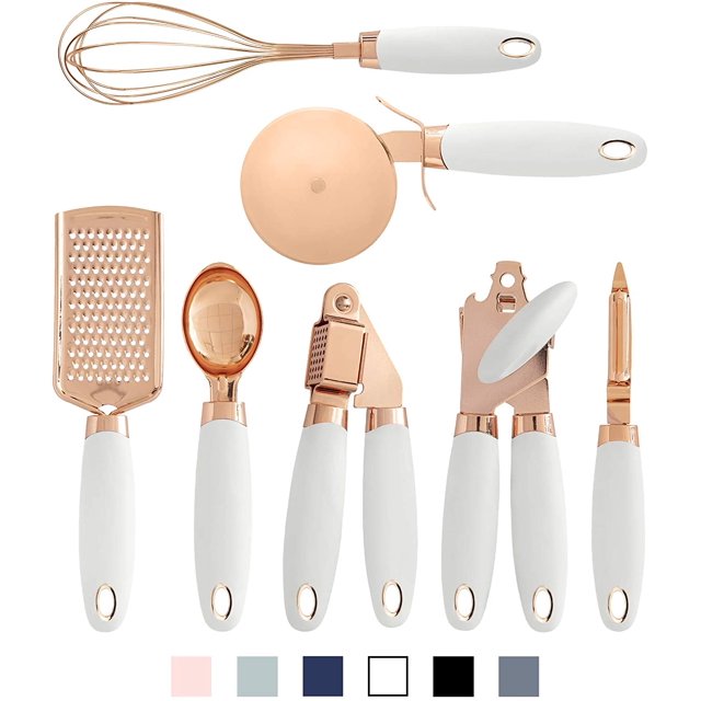 COOK With colour 7 Pc Kitchen Gadget Set featuring copper-coated stainless steel utensils with soft-touch white nylon handles. Includes a can opener, ice cream scoop, peeler, pizza cutter, garlic press, cheese grater, and whisk. Each tool is designed with non-slip, ergonomic handles for comfort and ease of use. The set is neatly packaged, making it ideal for gifting at bridal showers or housewarming events.