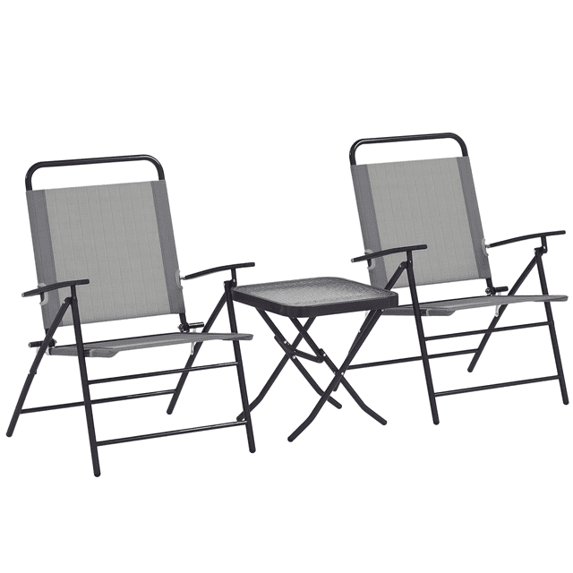 Outsunny Ensemble Bistro Pliant avec Dossier Réglable, Petit Ensemble de Patio, Gris. Cet Ensemble de Mobilier d'Extérieur 3 Pcs Comprend Deux Fauteuils Pliants avec Tissu en Maille Gris Respirant et Dossiers Réglables, et une table Carrée avec Dessus en Verre Trempé. les Cadres en Acier Sont Enduits de Poudre pour la Durabilité, et l'Ensemble Est Conçu pour les Petits Espaces comme les Balcons Ou les patios. des Patins de Protection pour les Pieds Préviennent les Dommages au Plancher, et Aucun Assemblage n'Est Requis.