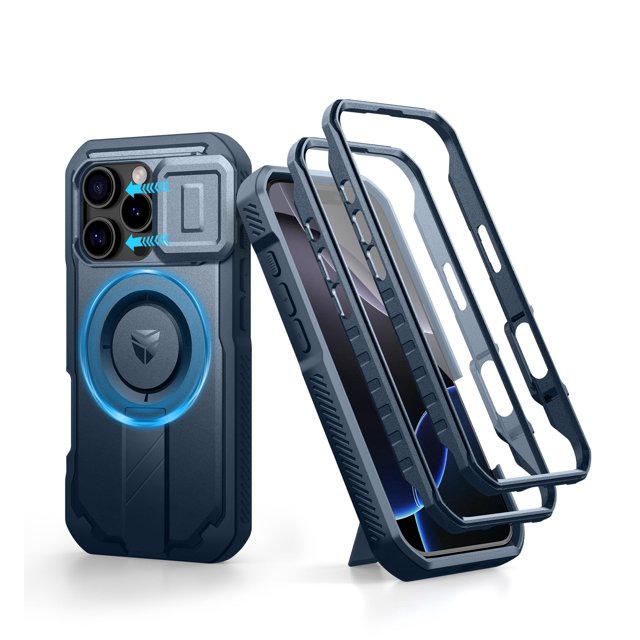 Dexnor for iPhone 16 Pro Case in blue with a slide camera cover, adjustable metal kickstand, and built-in screen protector. This heavy-duty protective cover features military-grade shockproof TPU bumpers and a PC back for durability. Compatible with MagSafe accessories, it offers a secure magnetic hold and precise cutouts for buttons and ports. Includes dual front frame options and a sturdy kickstand for hands-free viewing.