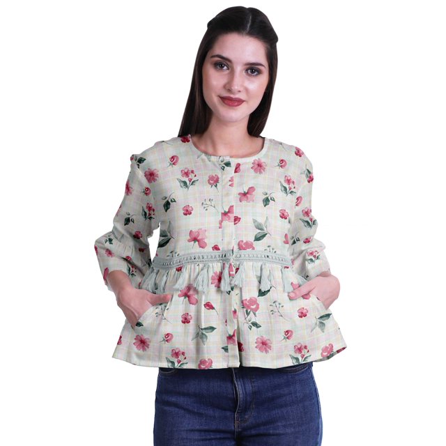 Moomaya T-Shirt à Col Rond pour Femmes à Manches Évasées, Haut Court en Coton Imprimé, Haut Décontracté