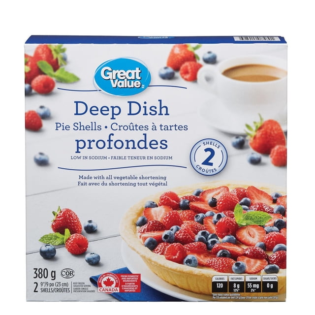 Great Value Ensemble de Coquilles de Tarte à Plat Profond avec Deux Coquilles de 9 Pouces Faites à Partir de Shorty de Légumes, Faible en sodium, Montré avec une Tarte aux Baies Mélangée Nappée de Fraises, Framboises et Bleuets sur une surface Blanche avec une Tasse de Café, Convient pour des Tartes Maison Rapides.