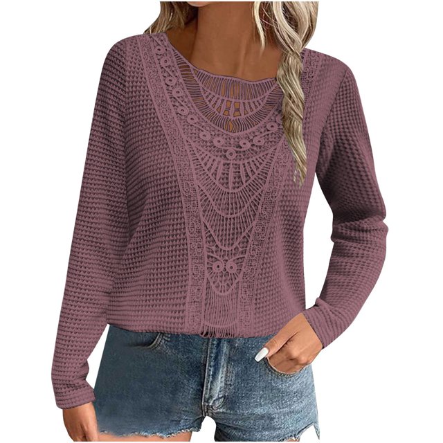 Penkiiy Pull Décontracté à Manches Longues pour Femmes, Col Rond, Crochet, Léger, Tricoté, Pull-Over, Hauts TG Rose Vif