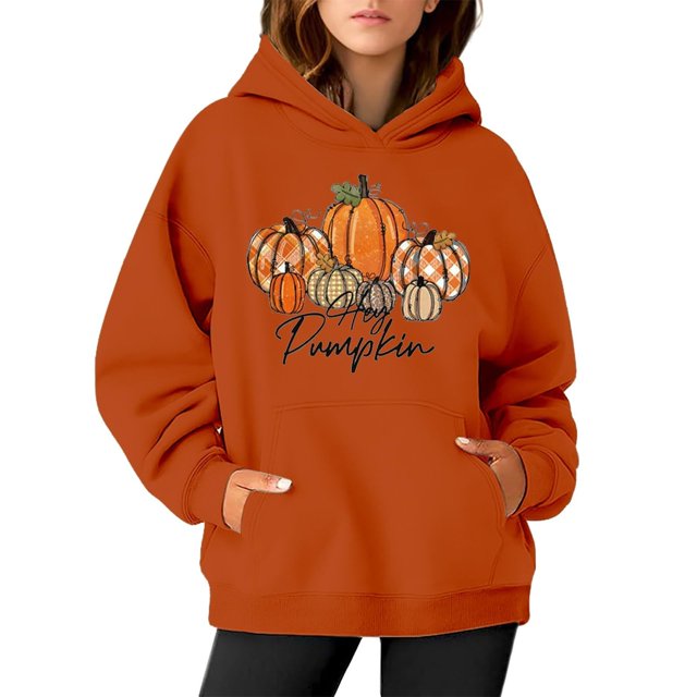 WEAIXIMIUNG Sweat à Capuche pour Femmes, Graphique, Imprimé Citrouille, Manches Longues, Décontracté, avec Poche