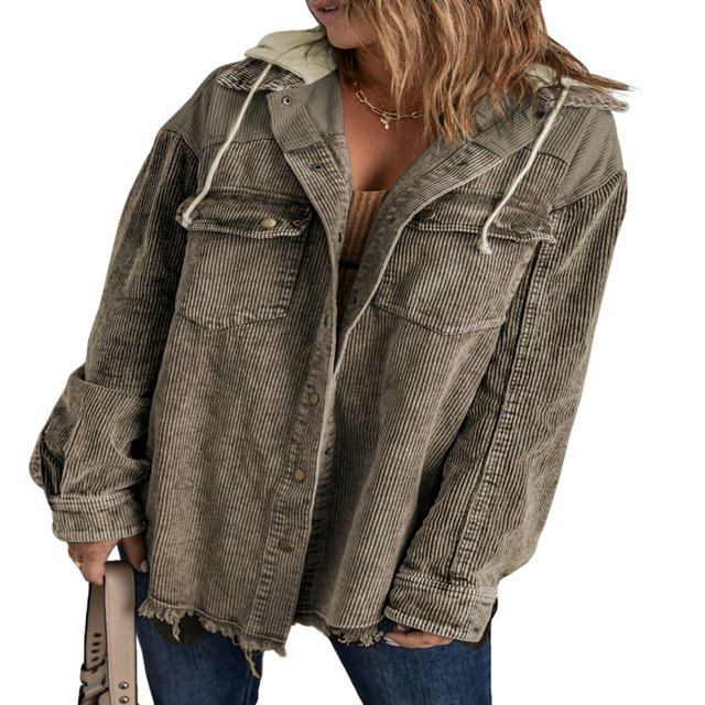 Womens Corduroy Shacket Jacket Long Sleeve Button Down Color Block Hooded Coat with Pockets