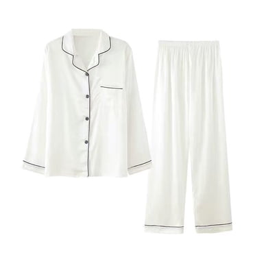 Weiqiqre Ensemble de Pyjama en Satin pour Femme, 2 Pcs Pyjama Soyeux à Manches Longues + Pantalon Tenue de Nuit pour Maman