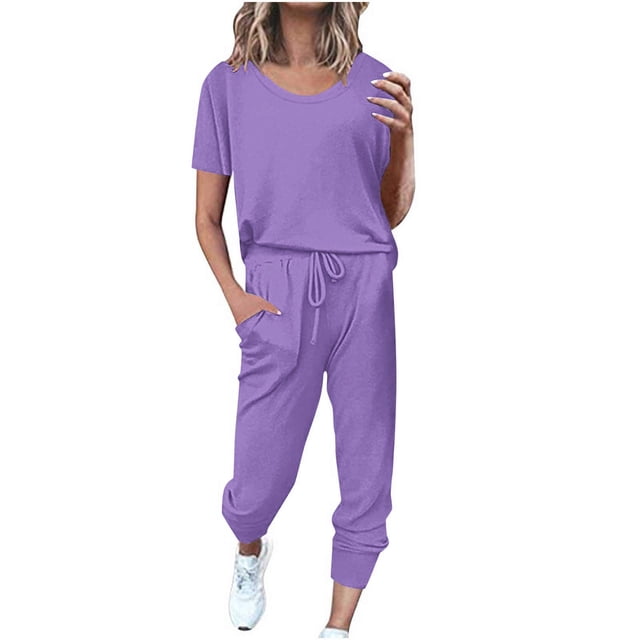 Yuyuzo Womens Workout Sets 2 Piece Short Sleeve Crew Neck T-Shirts Drawstring Jogger Pants with Pockets