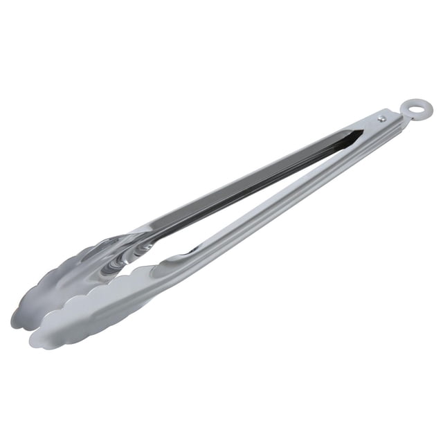 Mainstays 12" stainless steel locking cooking tongs with polished silver finish, scalloped gripping ends, ergonomic non-slip handles, and locking ring for compact storage, suitable for grilling, flipping, and serving in kitchen utensils.