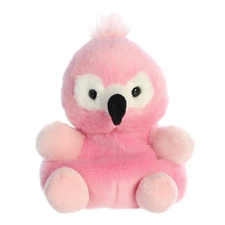 Aurora Adorable Palm Pals Pinky Flamingo plush toy, a pocket-sized stuffed animal measuring 5 inches. It has a soft, fluffy pink body, a black beak, white facial accents, and bean pellets for stability. Perfect for on-the-go play and suitable for all ages.