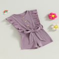 thumbnail image 3 of Toddler Baby Girl Clothes Rompers Ribbed Ruffle Sleeveless Button Belted Romper Short Jumpsuit Summer Outfit Brick Red 12-18 Months, 3 of 7
