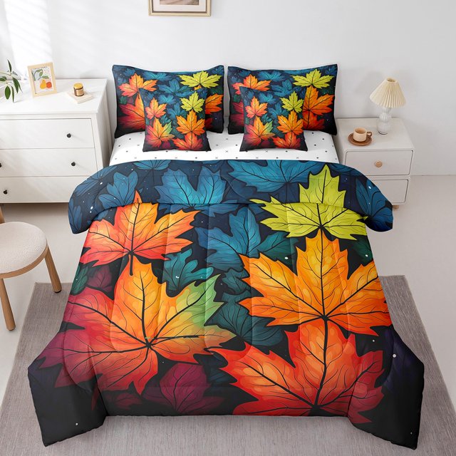 YST Rainbow Leaf 7-Piece Comforter Set, Autumn Leaves Bedding, King, Cozy